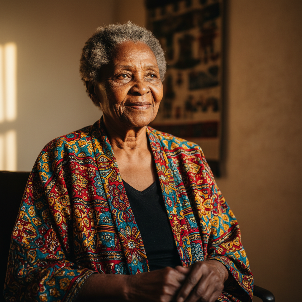Masonke L, elderly Black South African grandmother wearing a colourful African print blouse, warm and dignified expression, caregiver from Pretoria, South Africa