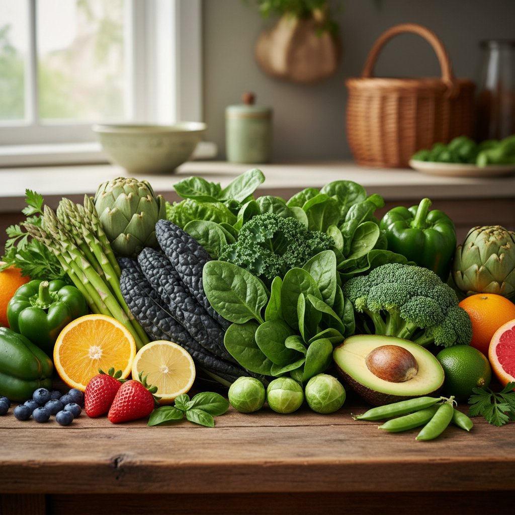 Colorful fresh vegetables and fruits arranged on a bright wooden table in natural morning light, vibrant and nourishing