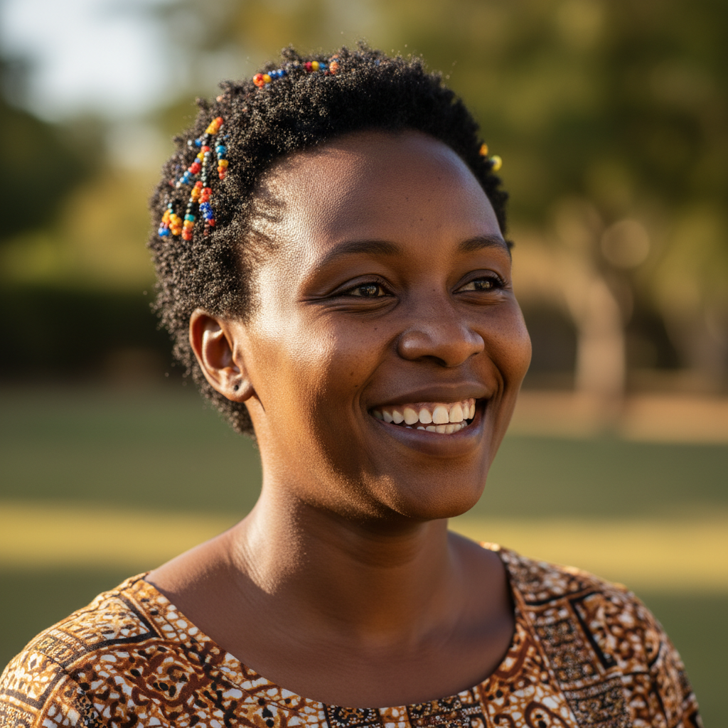 South African woman with a warm, resilient smile, natural light, healthy and thriving appearance